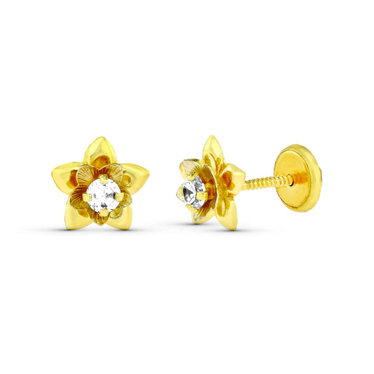 18K PENDIENTES ORO AMARILLO FLOR CON CIRCONITA 7X7 MM. CIERRE TUERCA