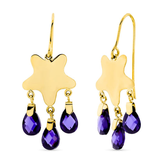 18K PENDIENTES ORO AMARILLO LARGOS ESTRELLA AMATISTA CIERRE GANCHO
