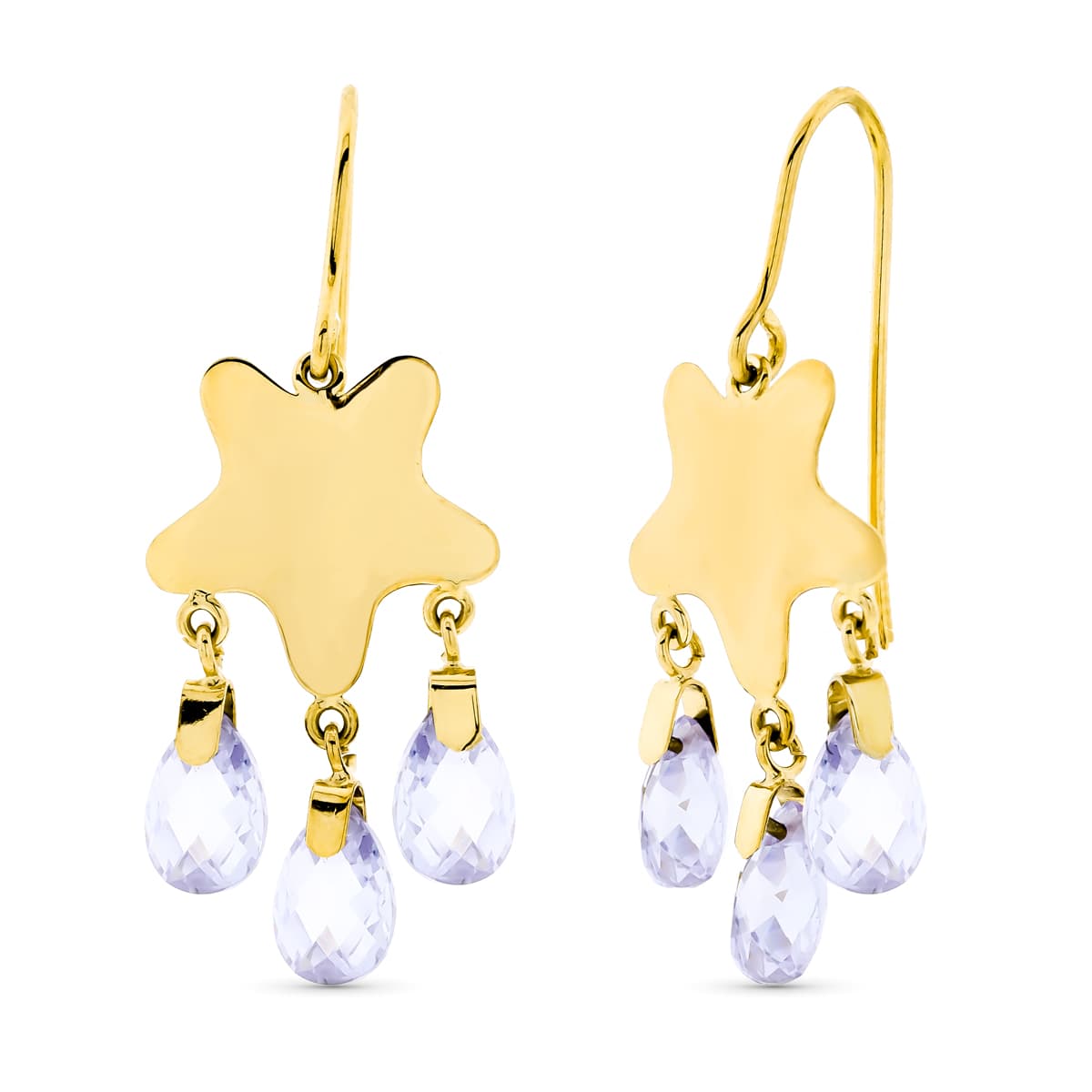 18K PENDIENTES ORO AMARILLO LARGO ESTRELLA PIEDRA COLOR MALVA CIERRE GANCHO