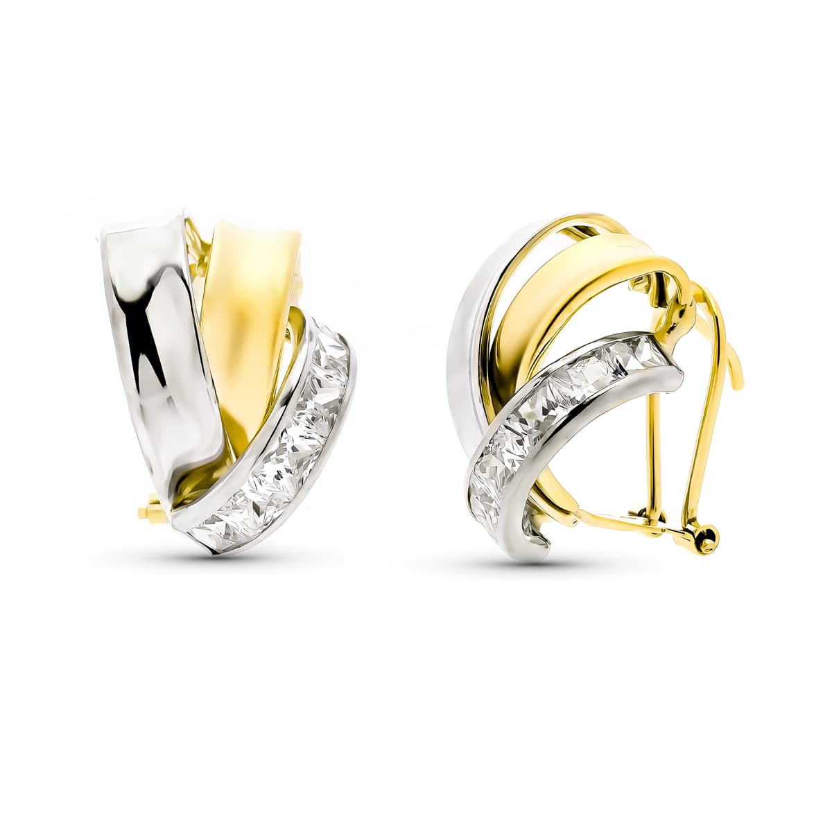 Pendientes Bicolor Bandas con Circonitas. Medida: 16 x 13 mm. 9K