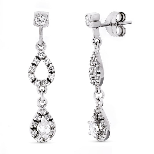 18K PENDIENTES ORO BLANCO LARGOS CIRCONITA 32X7 MM CIERRE PRESION