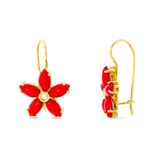 18K PENDIENTES ORO AMARILLO LARGOS FLOR CORALES 6X3 MM CIRCONITA CIERRE GANCHO