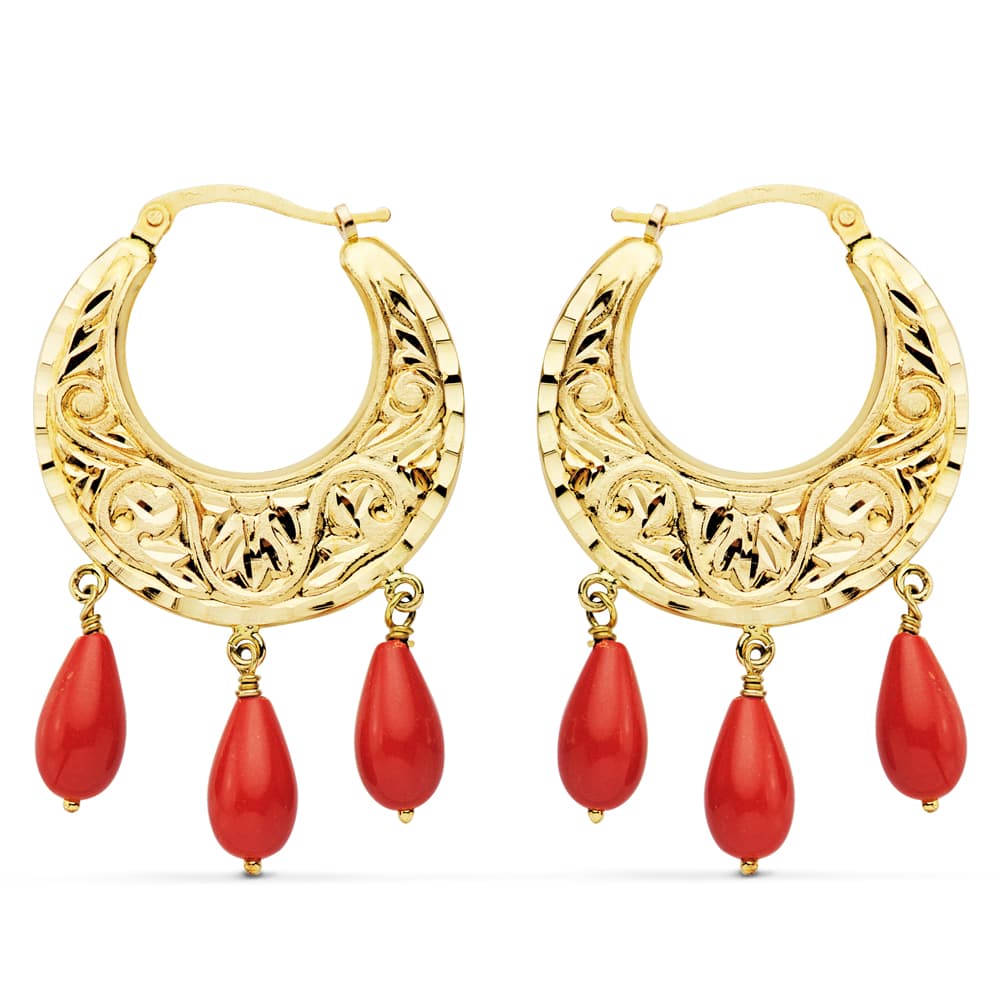 18K AROS ORO AMARILLO TALLADOS CORAL 25 MM