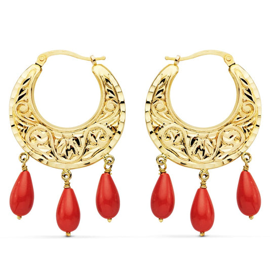 18K AROS ORO AMARILLO TALLADOS CORAL 25 MM
