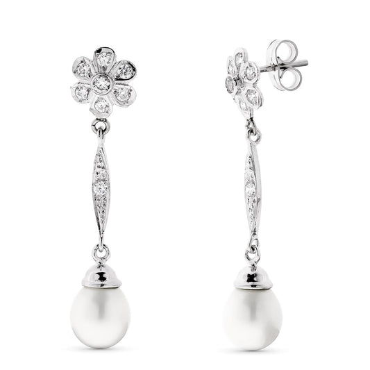18K PENDIENTES PERLA Y FLOR ORO BLANCO CIERRE PRESION