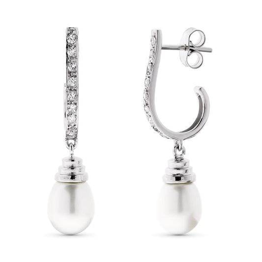 18K PENDIENTES NOVIA ORO BLANCO PERLA 8 MM TOTAL 33X8 MM CIERRE PRESION
