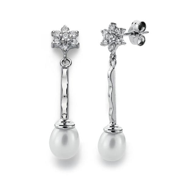 18K PENDIENTES ORO BLANCO .CUAJO Y PERLA 34X6 MM CIERRE PRESION