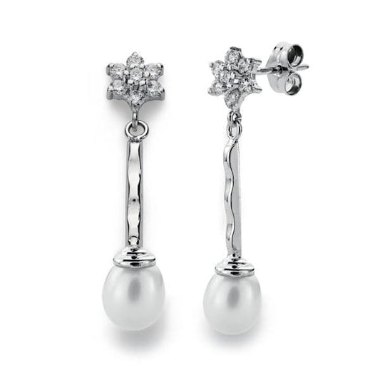 18K PENDIENTES ORO BLANCO .CUAJO Y PERLA 34X6 MM CIERRE PRESION