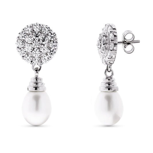 18K PENDIENTES ORO BLANCO PERLA Y CIRCONITA CIERRE PRESION