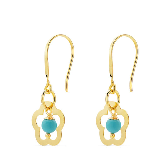 Pendientes Flor con Turquesa. Medida: 28 x 12 mm. Cierre Gancho de oro amarillo 18K