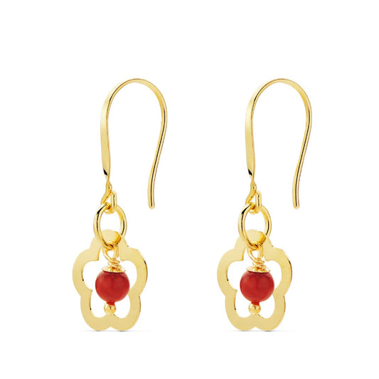 18K PENDIENTES ORO AMARILLO FLOR CON CORAL. MEDIDA: 28 X 12 MM. CIERRE GANCHO