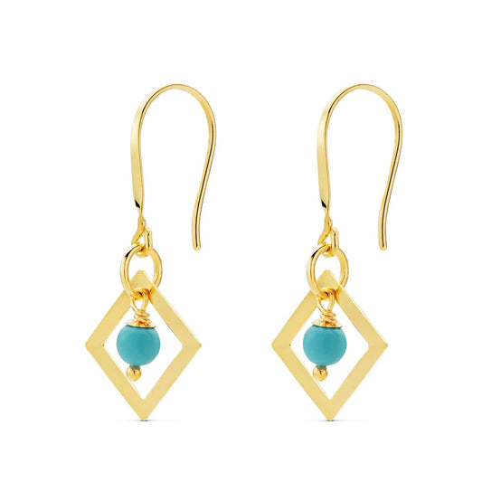 Pendientes Cuadrado con Turquesa. Medida: 30 x 14 mm. Cierre Gancho de oro amarillo 18K