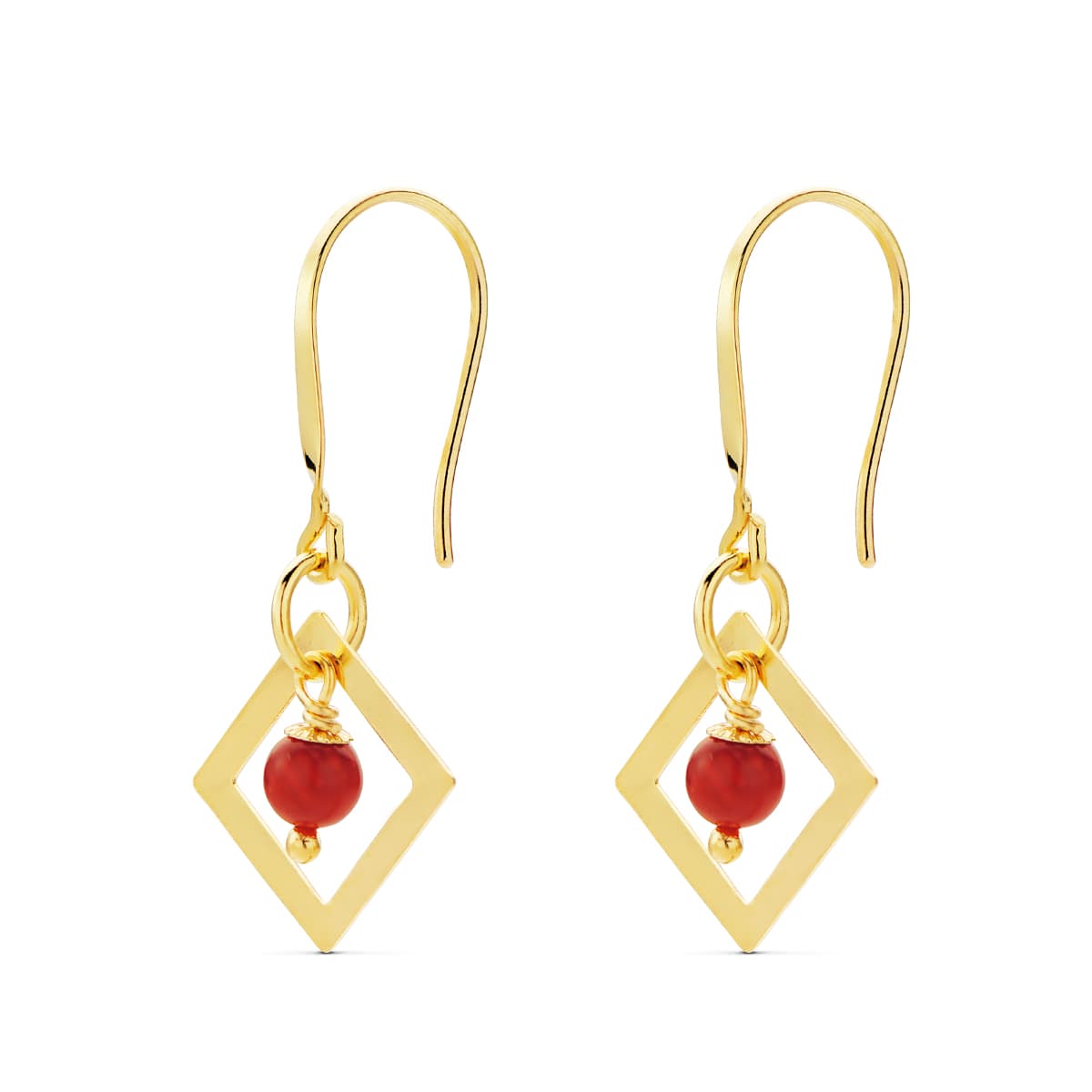 18K PENDIENTES ORO AMARILLO CUADRADO CON CORAL. MEDIDA: 30 X 14 MM. CIERRE GANCHO