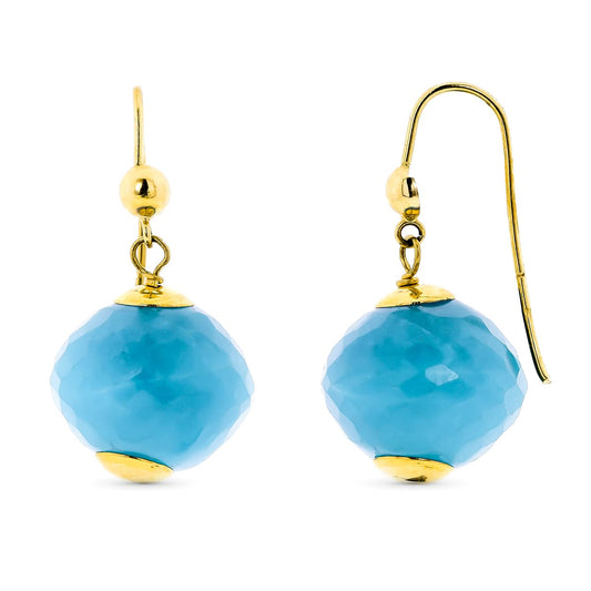 18K PENDIENTES ORO AMARILLO LARGOS PIEDRA COLOR AZUL 28X15 MM CIERRE GANCHO