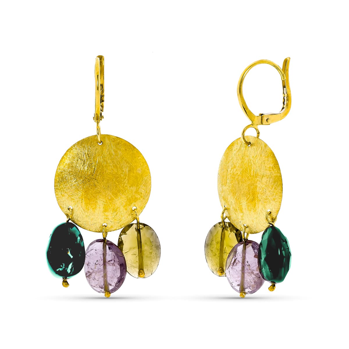 18K PENDIENTES ORO AMARILLO MOTIVO REDONDO Y PIEDRAS COLORES. 44X18 MM CIERRE GANCHO