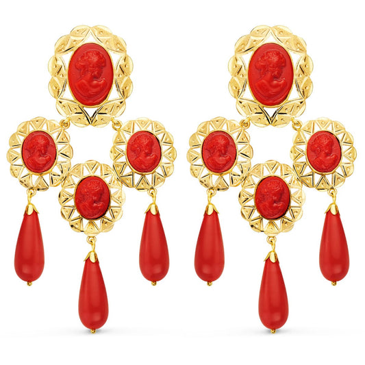 18K PENDIENTES ORO CUBANAS AMARILLO MANTILLA CAMAFEO Y CORAL 70X38 MM CATALAN