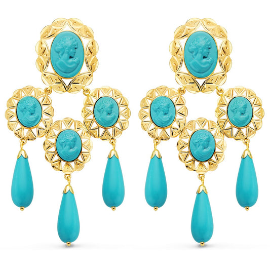 18K PENDIENTES CUBANAS ORO AMARILLO MANTILLA CAMAFEO Y TURQUESAS. 70X38 MM CATALAN