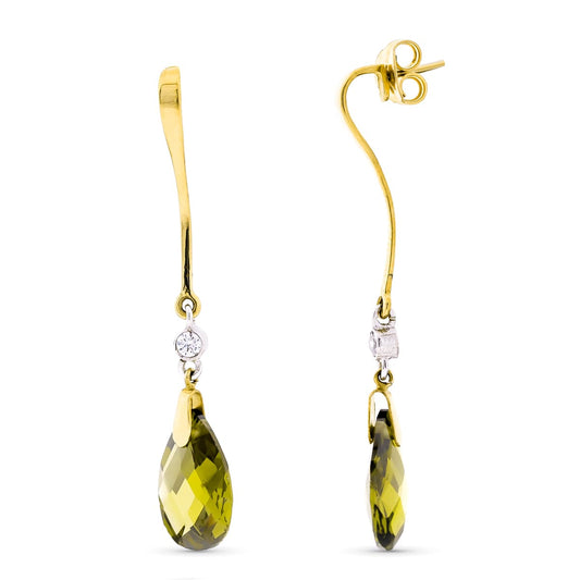 18K PENDIENTES ORO BICOLOR LARGOS OLIVINA 14X10 MM CIERRE PRESION
