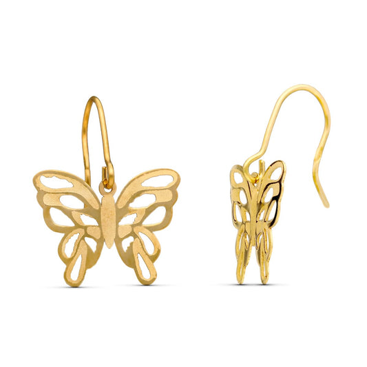 18K PENDIENTES ORO AMARILLO LASER MATE Y BRILLO MARIPOSA CIERRE GANCHO