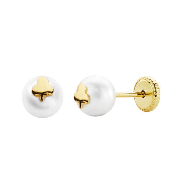 18K PENDIENTES ORO AMARILLO TREBOL Y PERLA 6 MM TUERCA