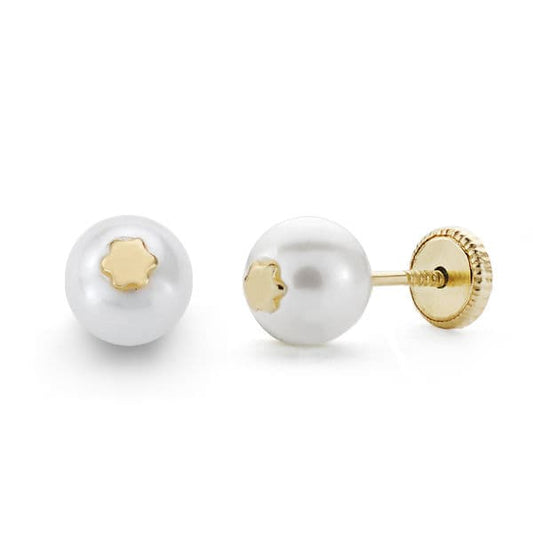 18K PENDIENTES ORO AMARILLO PERLA Y ESTRELLA 6 MM CIERRE TUERCA