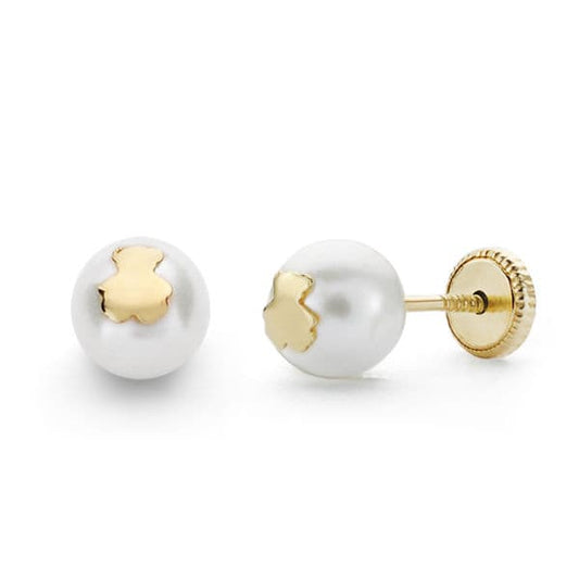 18K PENDIENTES PERLA CULTIVADA ORO AMARILLO PERLA Y OSO 6 MM CIERRE TUERCA