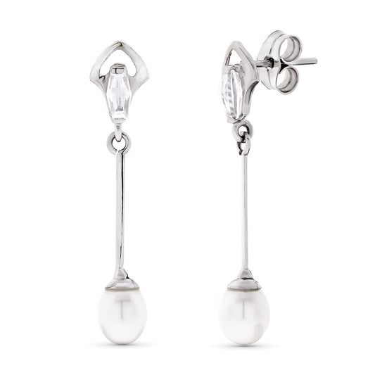 18K PENDIENTES ORO BLANCO LARGOS Y PERLAS CIERRE PRESION