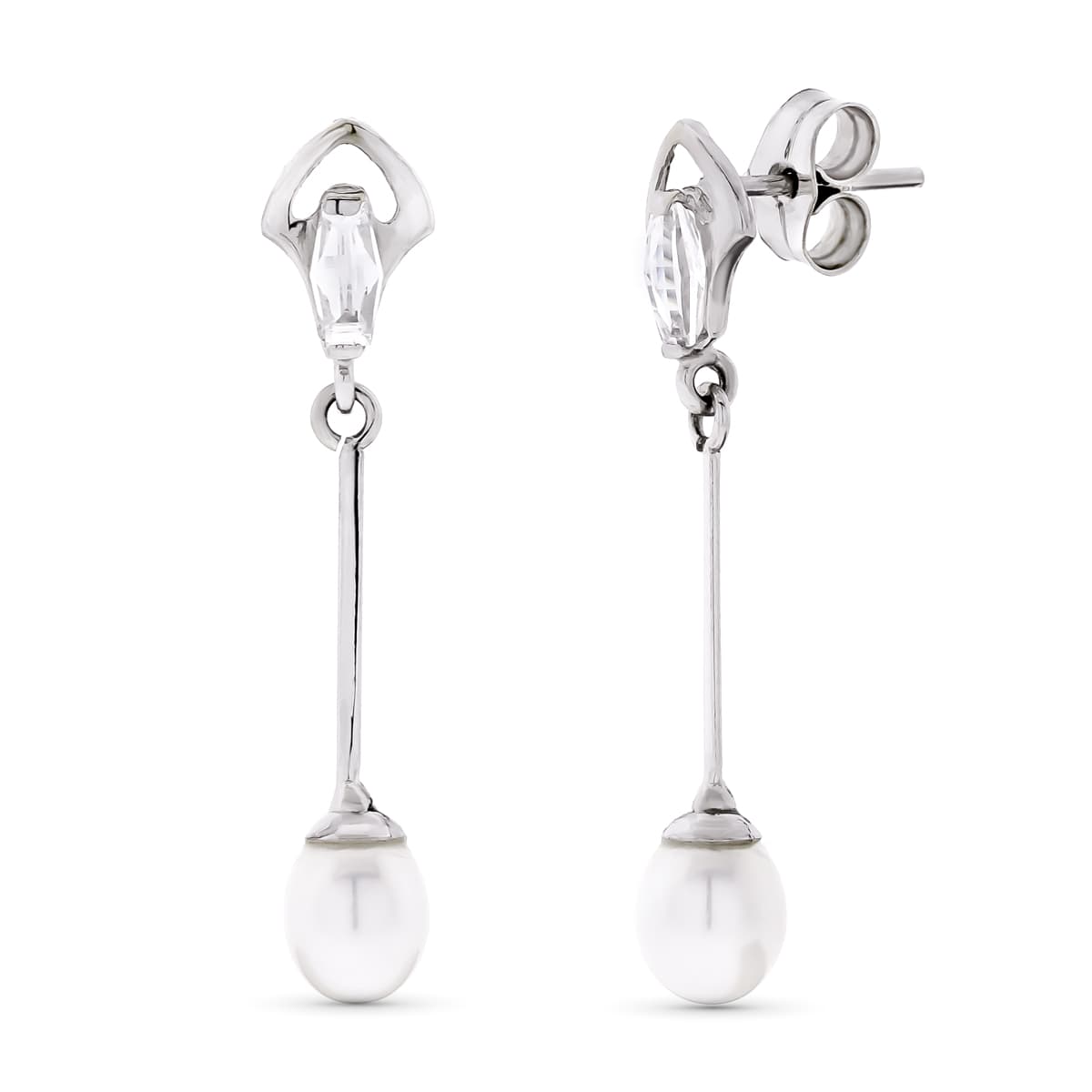 18K PENDIENTES ORO BLANCO LARGOS Y PERLAS CIERRE PRESION