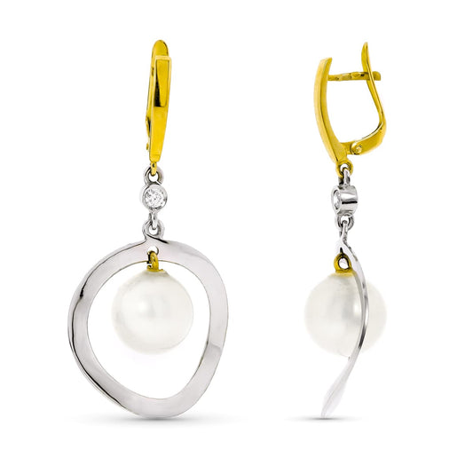 18K PENDIENTES LARGOS ORO BLANCO Y PERLA DE 10 MM CIERRE CATALAN