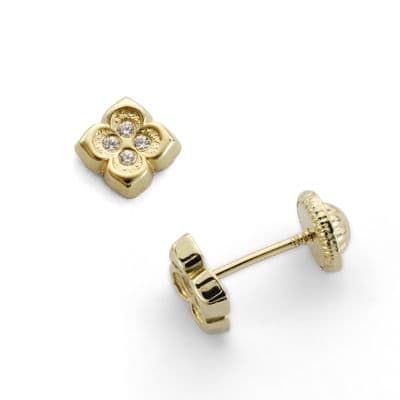 18K PENDIENTES ORO AMARILLO FLOR CIRCONITA 6X6 MM CIERRE TUERCA