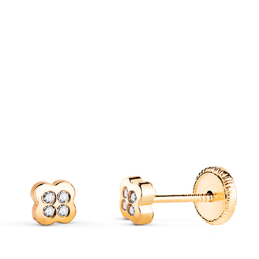 18K PENDIENTES ORO AMARILLO TREBOL CON CIRCONITAS. MEDIDA: 4,5 X 4,5 MM CIERRE TUERCA