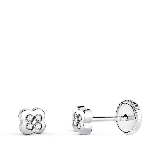 18K PENDIENTES ORO BLANCO TREBOL CON CIRCONITAS. MEDIDA: 4,5 X 4,5 MM CIERRE TUERCA
