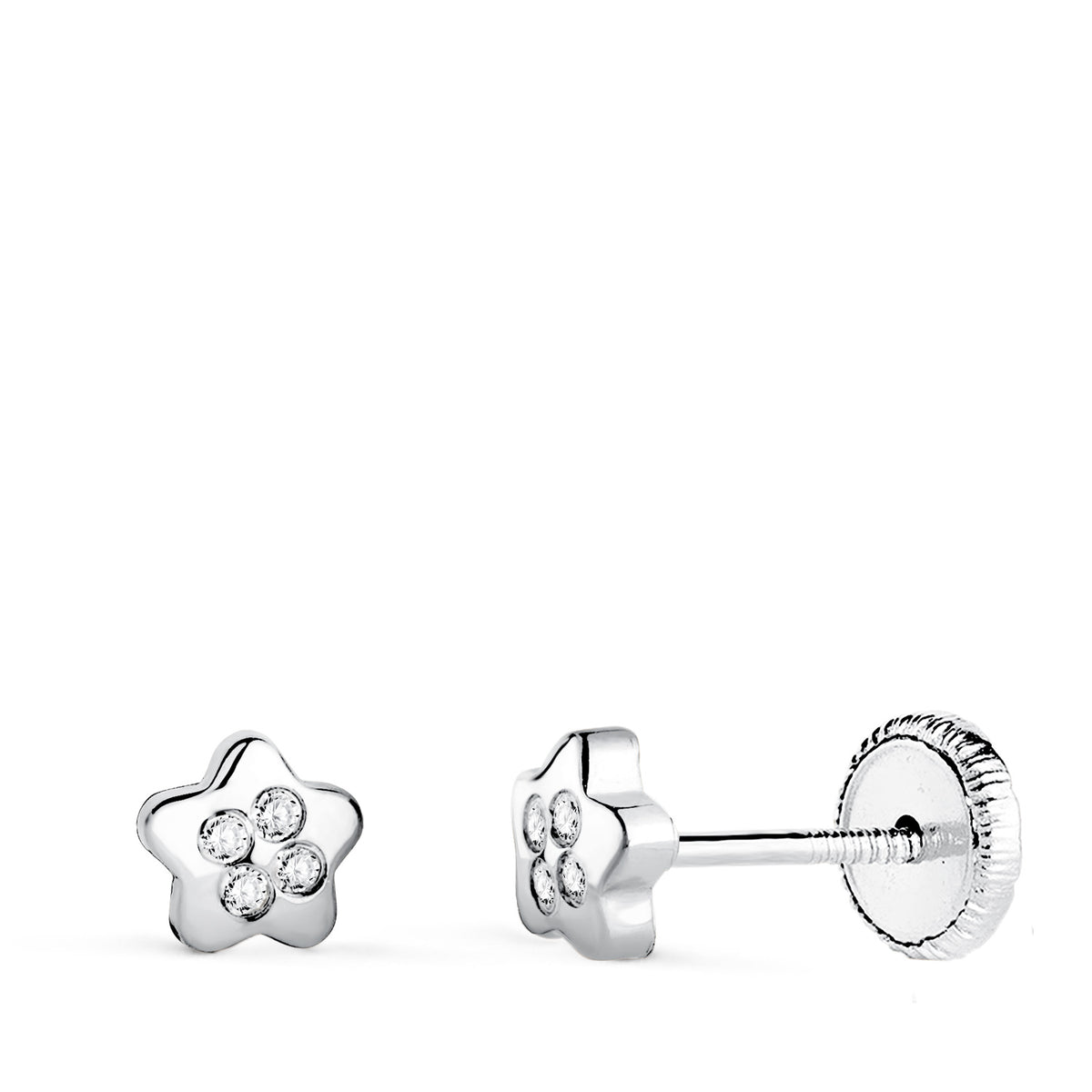Pendientes Estrella con Circonitas. Medida: 5 x 5 mm Cierre Tuerca de oro blanco 18K