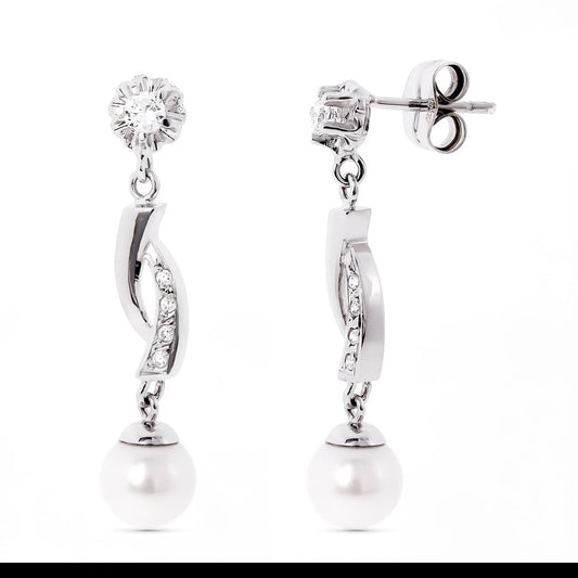 18K PENDIENTES ORO BLANCO Y PERLA CON GARRA DE CIRCONITA CIERRE PRESION