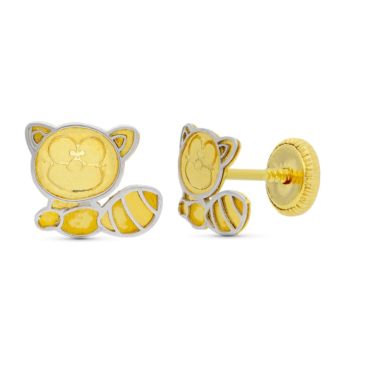 Pendientes Bicolor Mapache. 8 x 6 mm Cierre Tuerca 18K