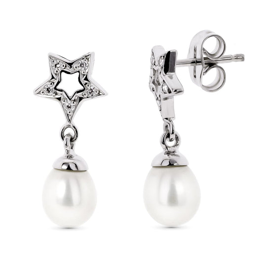 18K PENDIENTES ORO BLANCO DOS CUERPOS CON ESTRELLA Y PERLA CIERRE PRESION