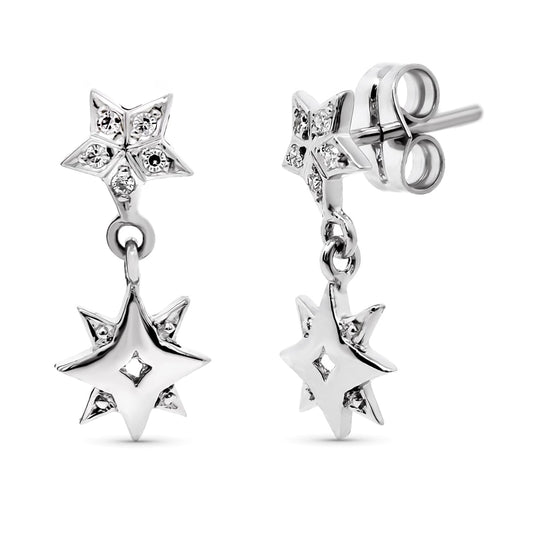 18K PENDIENTES ORO BLANCO LARGOS ESTRELLA 17X7 MM CIERRE PRESION