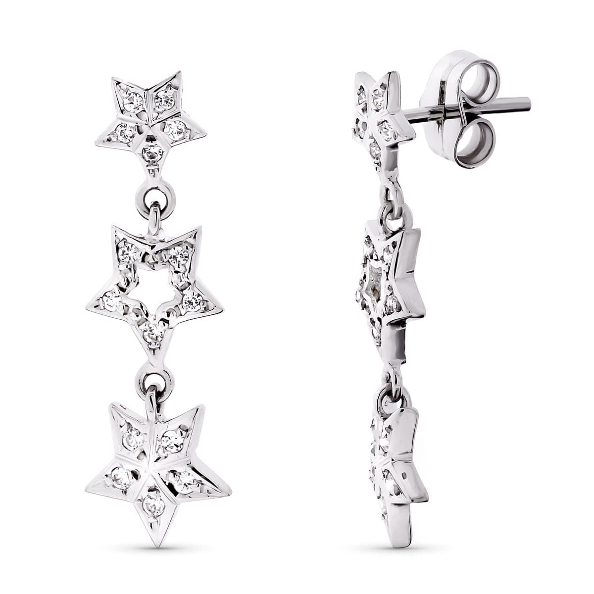 18K PENDIENTES ORO BLANCO LARGOS CIRCONITA Y ESTRELLAS. 27X8 MM CIERRE PRESION