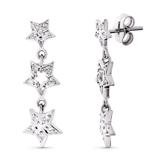 18K PENDIENTES ORO BLANCO LARGOS CIRCONITA Y ESTRELLAS. 27X8 MM CIERRE PRESION