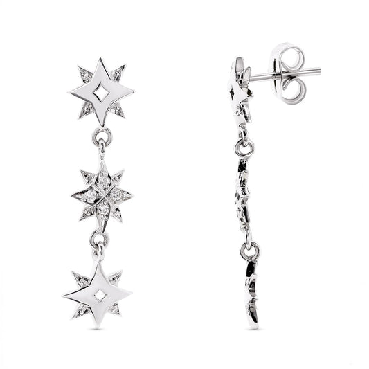 18K PENDIENTES ORO BLANCO ESTRELLAS Y CIRCONITA 28X6 MM CIERRE PRESION