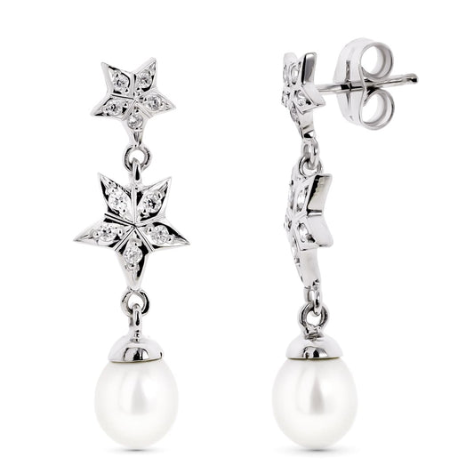 18K PENDIENTES ORO BLANCO CON ESTRELLAS Y PERLA CIERRE PRESION