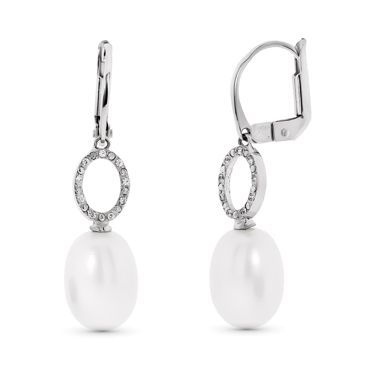 18K PENDIENTES ORO BLANCO MOTIVO OVAL Y PERLA 9 MM CIERRE CATALAN