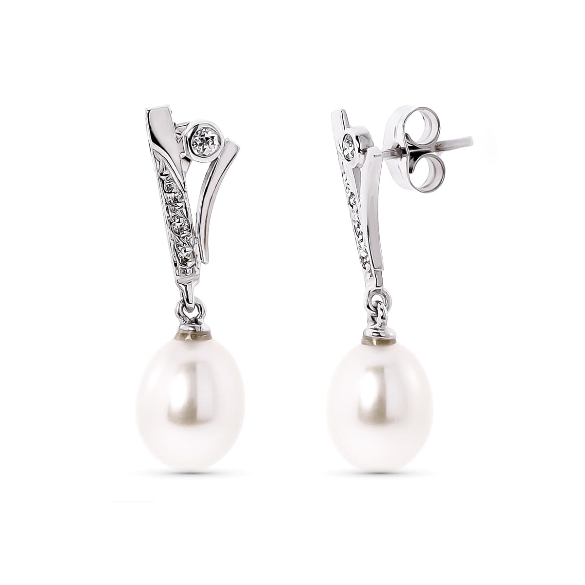 18K PENDIENTES ORO BLANCO PERLA PERA Y CIRCONITA CIERRE PRESION
