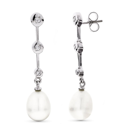 18K PENDIENTES ORO BLANCO LARGOS PERLA Y CIRCONITA CIERRE PRESION