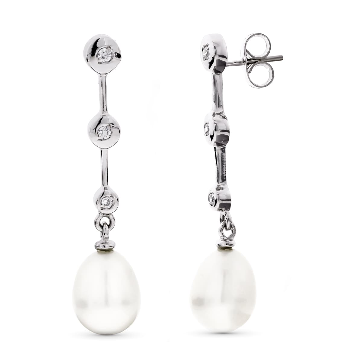 18K PENDIENTES ORO BLANCO LARGOS PERLA Y CIRCONITA CIERRE PRESION