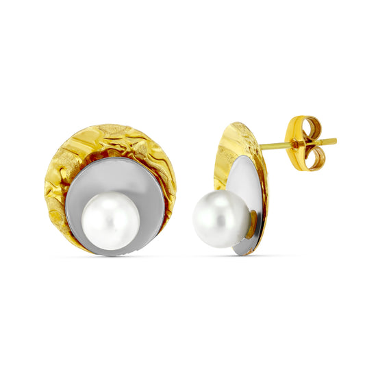 Pendientes Bicolor Redondos con Perlas. 18K