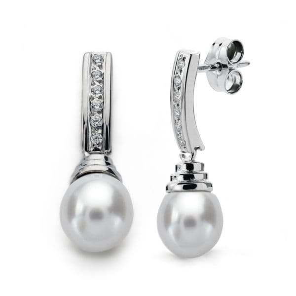 18K PENDIENTES ORO BLANCO PERLA 25X8 MM CIERRE PRESION