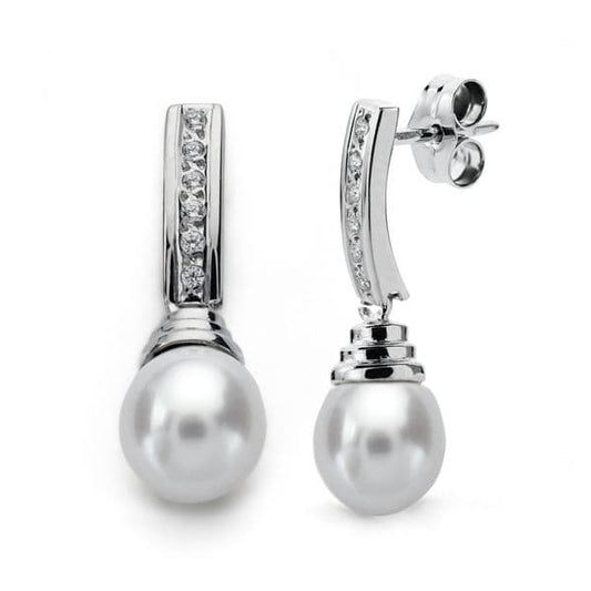 18K PENDIENTES ORO BLANCO PERLA 25X8 MM CIERRE PRESION