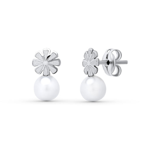 18K PENDIENTES ORO BLANCO PERLA 9X5 MM. CIERRE PRESION