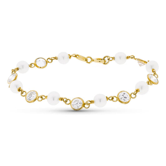 Pulsera con Perla y Circonita 16,5 cm de oro amarillo 18K